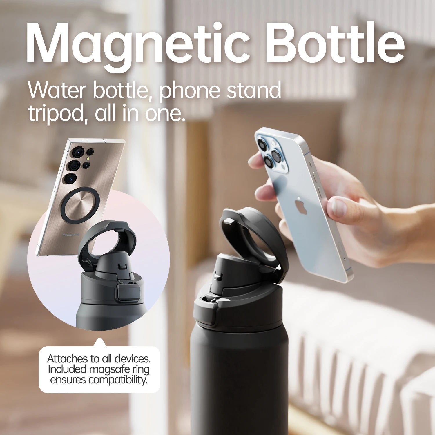 Magnetic Sports Water Bottle: Insulated Stainless Steel Thermos with Phone Holder and Large Capacity